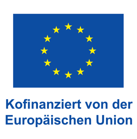 Blaue EU-Flagge mit gelbem Sternenkreis und blauem Text Kofinanziert von der Europäischen Union darunter  