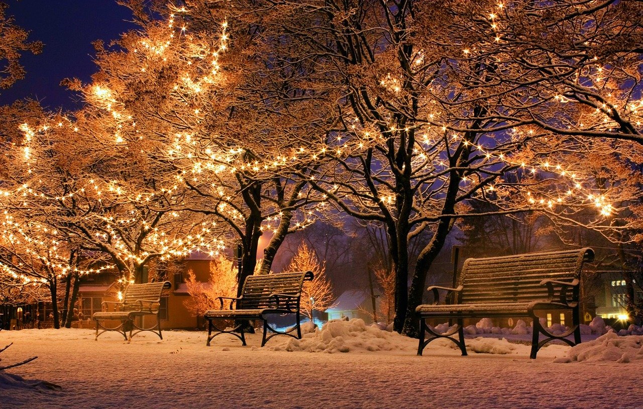 Parkbank Park im Winter mit Bänken
