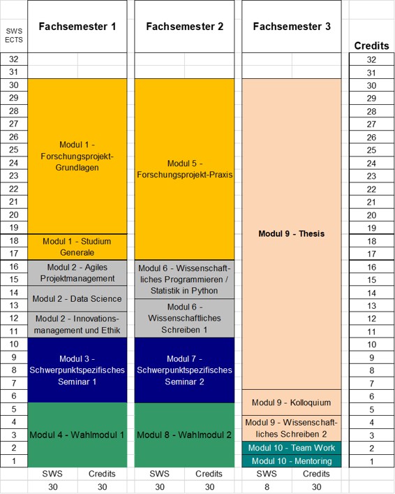 Darstellung der einzelnen Module aufgeteilt auf die drei Fachsemester 