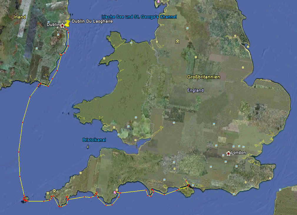Gesamtstrecke Dublin Southampton über Südost-Irland und die Scillys nach Süwest-England