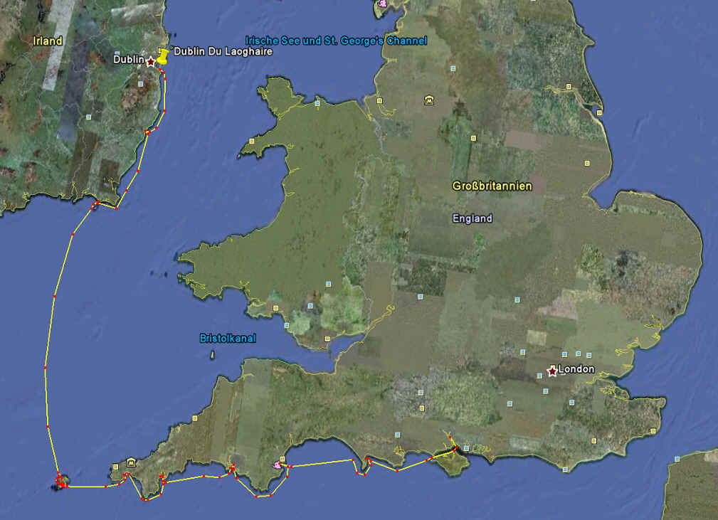 Gesamtstrecke Dublin Southampton über Südost-Irland und die Scillys nach Süwest-England