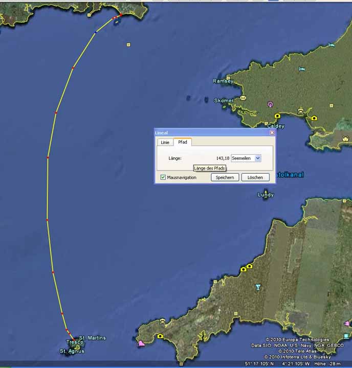 Tag 3: Von Kilmore Quay, Süd-Ost-Irland, zu den Scilly Islands, einer berüchtigten Inselgruppe an Englands Süd-West-Spitze. Tagesstrecke circa 143 sm, gesegelt zwischen 5.00 und 21.30 Uhr, 8,6 kn durchschnittliche Fahrt, fantastisch, die Pogo eben