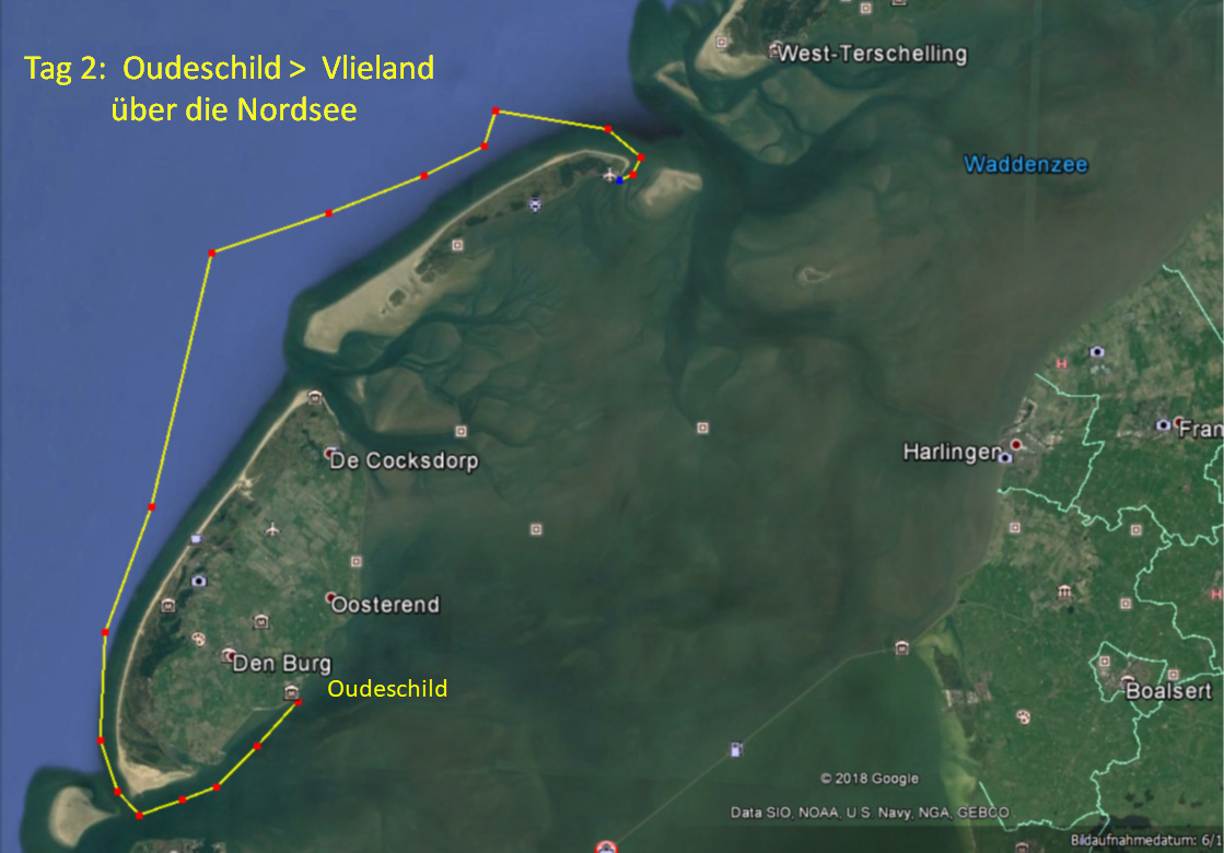 Tag 2: Von Oudeschild über die Nordsee nach Vlieland, die Fahrt führt um das Südwestende von Texel durch das Molengat in nördlicher Richtung
