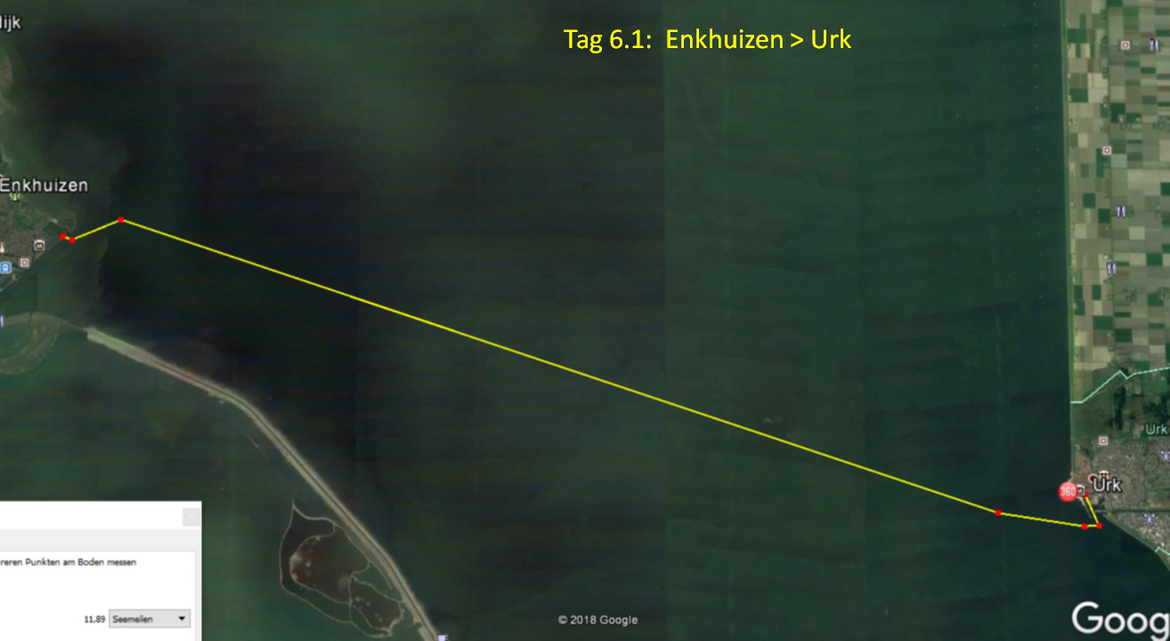 Tag 6: Über Urk zurück nach Stavoren. Konstanter Wind um SW 3-4 lässt die Crew einen schnurrgeraden Kurs fahren