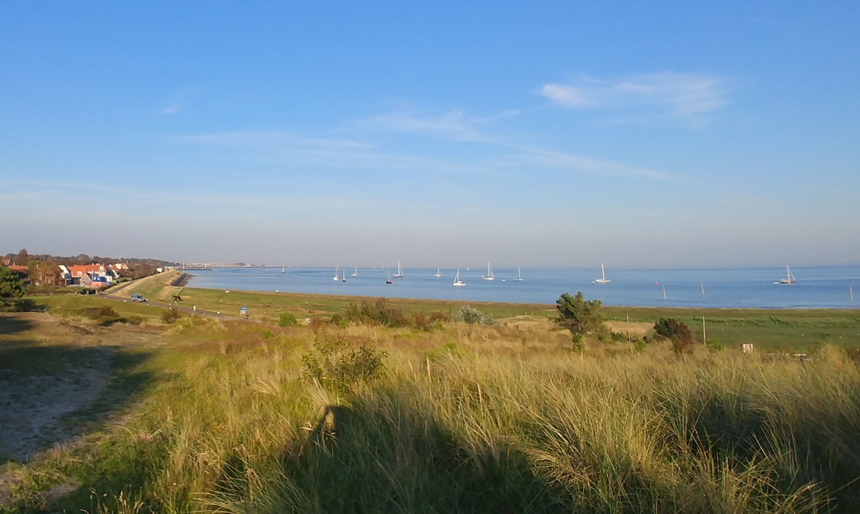 Rundblick von der Vuurboetsduin, der Düne auf der der Leuchtturm steht. Danach geht es auf der anderen Seite dann radelnd runter. Abends in De Oude Stoep auf der Terrasse lecker gegessen.