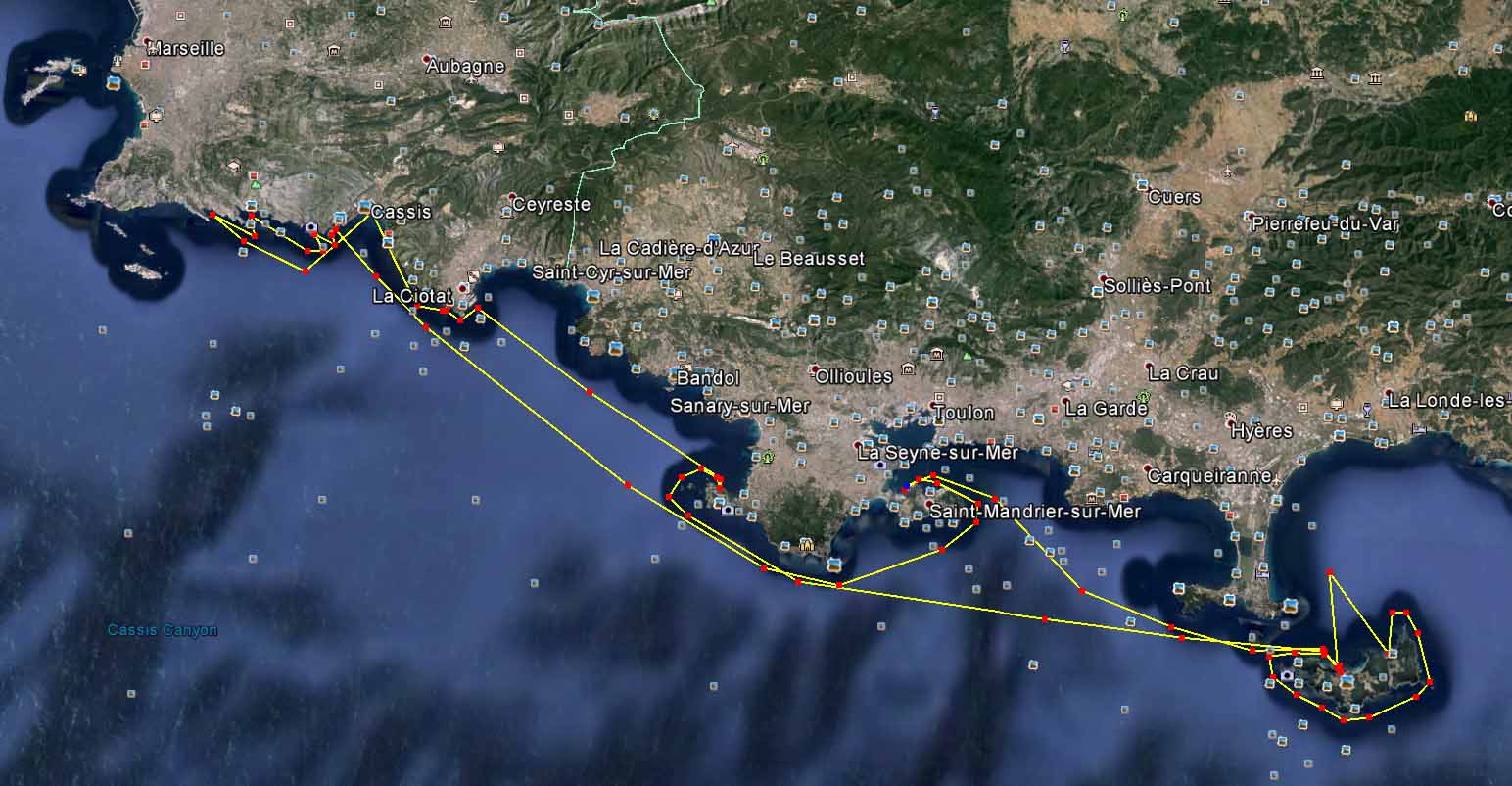 Der Frühsommertörn vom 7. bis 14. Juni 2014 führte vom Port Pin Rolland in der Rade de Toulon zu den Calanques bei Cassis, zur Île des Embiez, zur Île de Porquerolles und zurück