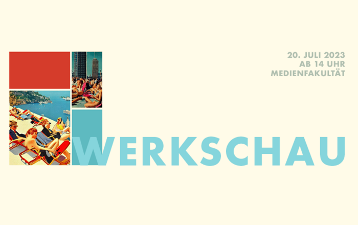 Zwei versetzt angeordnete Bilder von sich sonnenden Menschen, daneben steht Werkschau und darüber  oben rechts Datum, Uhrzeit, Ort