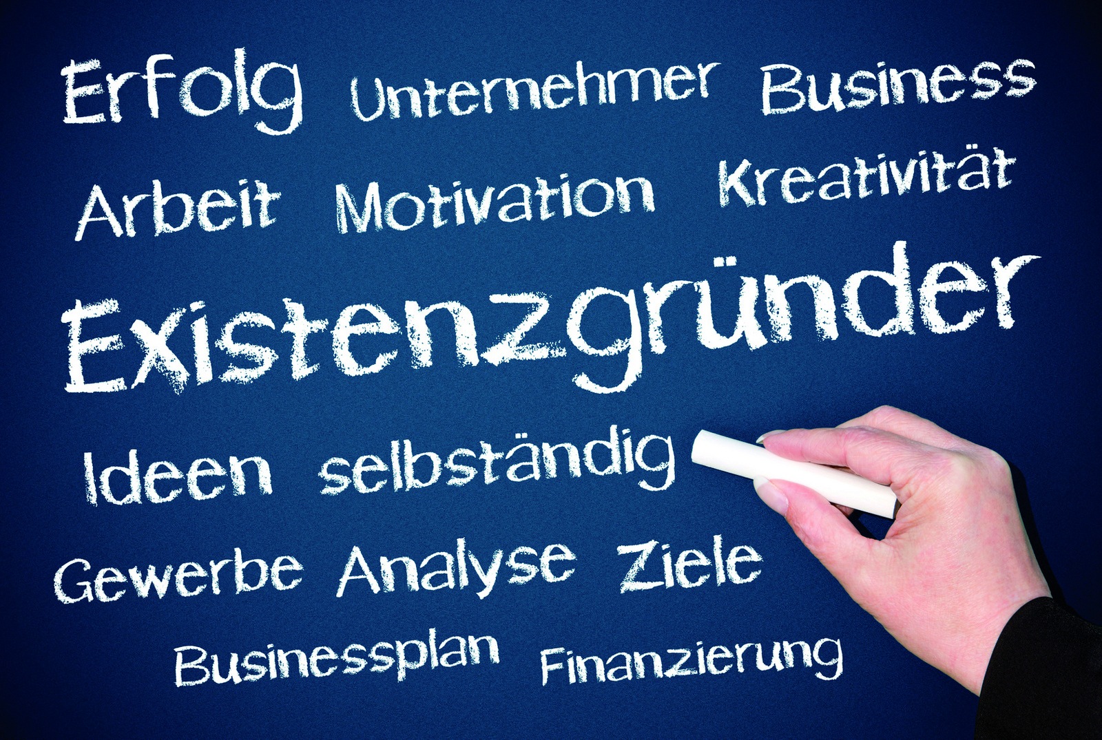 Eine Hand schreibt mit Kreise verschiedene passende Begriffe rund um das Wort Existenzgründer auf eine Tafel. 