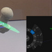 Das dreigeteilte Bild zeigt links den Blick durch die Augmented-Reality-Brille auf den Femur mit den Planungsdaten, rechts oben den Versuchsaufbau mit Brille und Femur und rechts unten die Darstellung der Planungsdaten am Monitor.