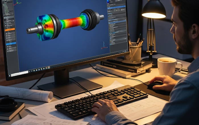 Student vor Bildschirm mit Konstruktionzeichnung dreidimensional und in Farbe 