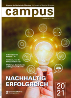 Das Titelbild des Campus-Magazins 2021. Eine HAnd hält eine leuchtende Glühbirne und drumherum sind Symbole für Photovoltaik, Windkraft und so weiter.