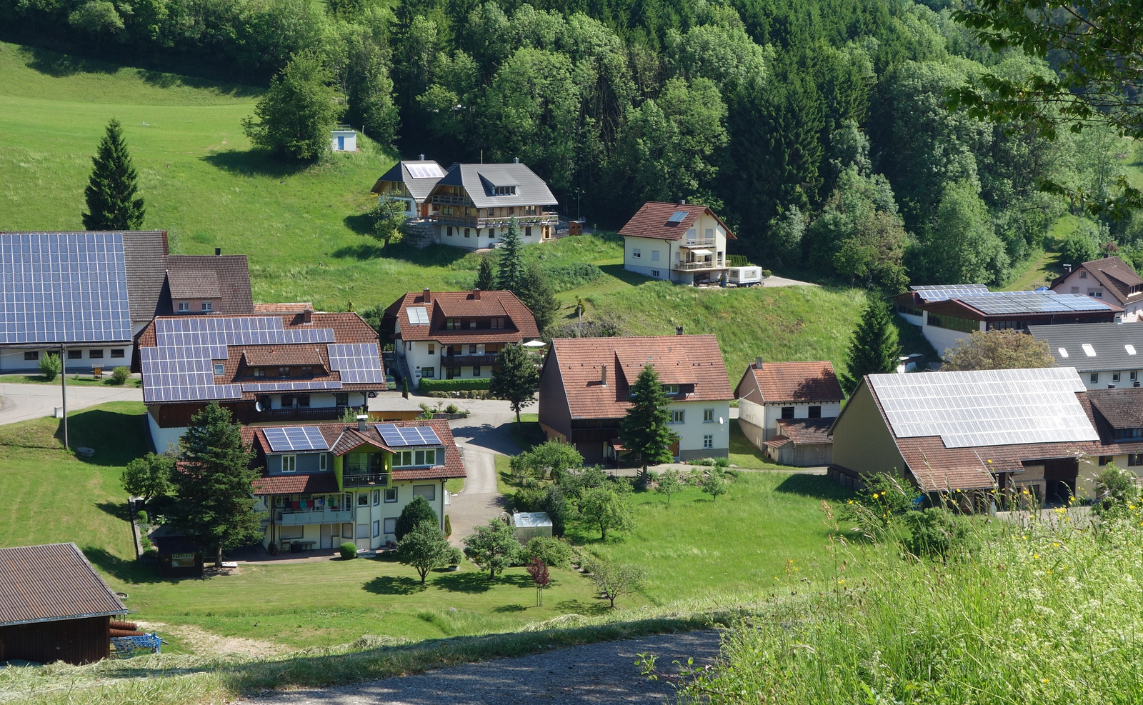 Häuser mit und ohne Photovoltaik-Anlage auf dem Dach an einem sonnenbeschienenen Schwarzwaldhang.