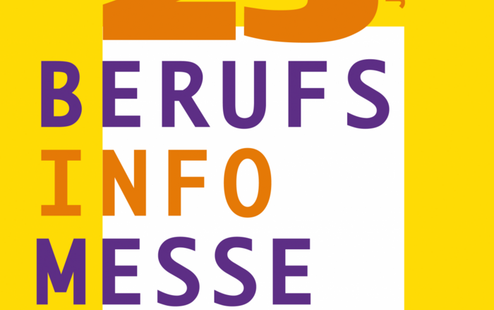 BIM-Logo: Auf gelb-weißem Grund steht untereinander 25 Jahre Berufsinfomesse 