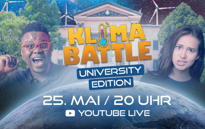 Das Plakat zur Klima-Battle zeigt zwei junge menschen auf der weltkugel und zwischen ihne steht das Wort Klima-Battle bei dem das i ein Thermometer ist.