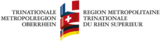 Logo der Trinationalen Metropolregion Oberrhein mit Namen deutsch links und französisch rechts von den drei Fallen Frankreichs, der Schweiz und Deutschlands in der Mitte