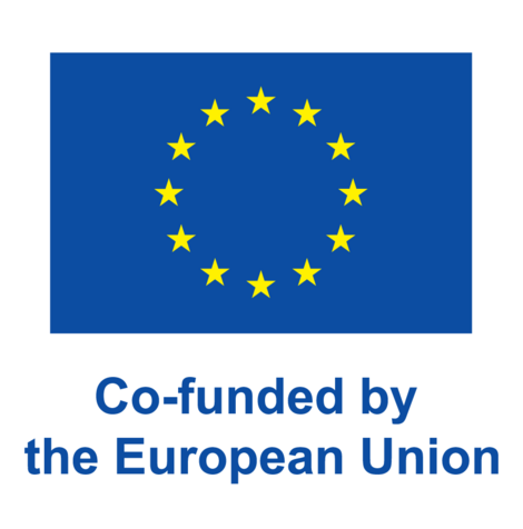 blue EU-flag with circle of yellow stars on it and blue text cofunded by the European Union underneath 