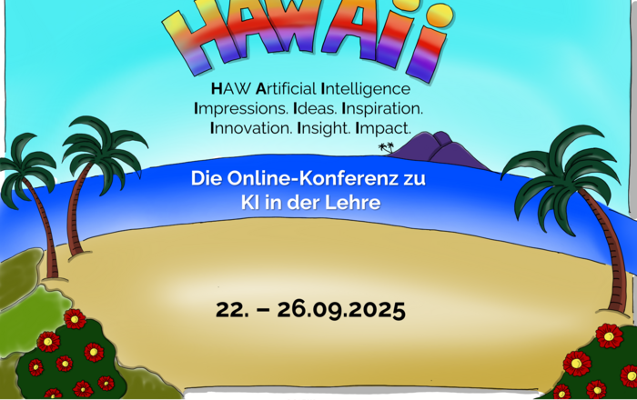 Veranstaltungsplakat mit einer gematen Palmeninsel über der HAWAII steht