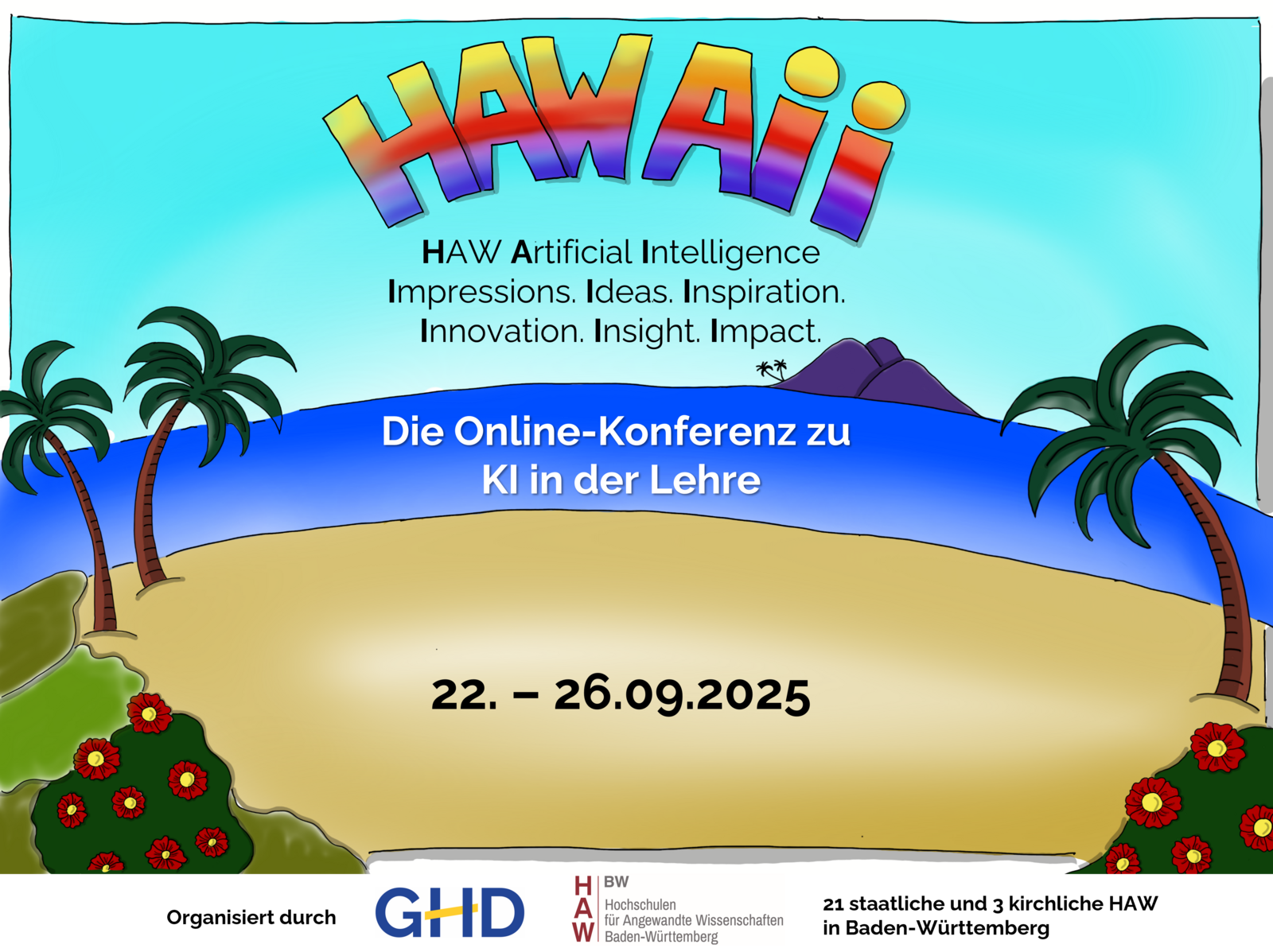 Veranstaltungsplakat mit einer gematen Palmeninsel über der HAWAII steht