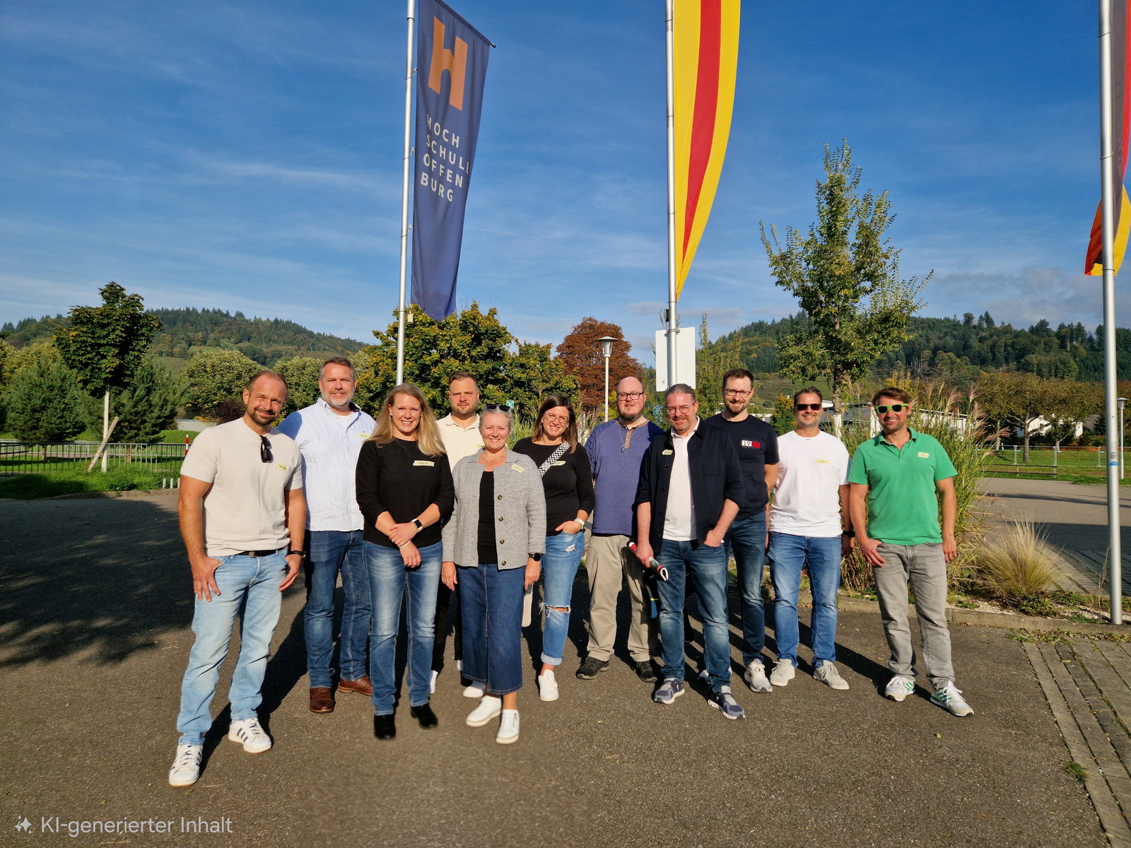 Gruppenfoto unter Hochschulflagge