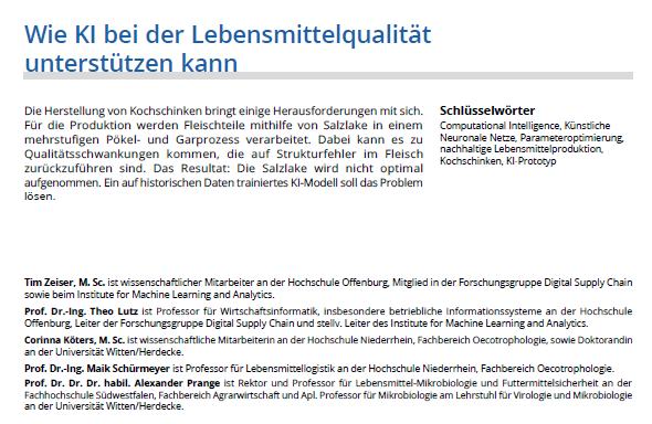 Ein Dokument, über wie KI bei der Lebensmittelqualität unterstützen kann. Enthält Abschnitte über Schlüsselwörter und Mitwirkende.