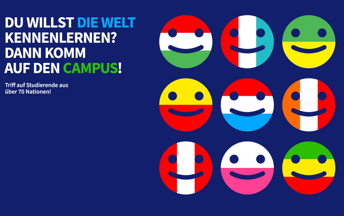 Flaggen-Smilies und daneben der Text Du willst die Welt kennenlernen, dann komm auf den bunten Campus