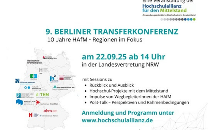 Plakat zu Berliner Transferkonferenz mit den wesentlichen Informationen und einer Deutschlandkarte mit den beteiligten Hochschulen
