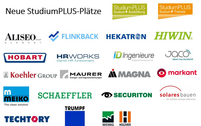 Grafik zeigt die Logos der neuen StudiumPLUS-Kooperationsunternehmen.