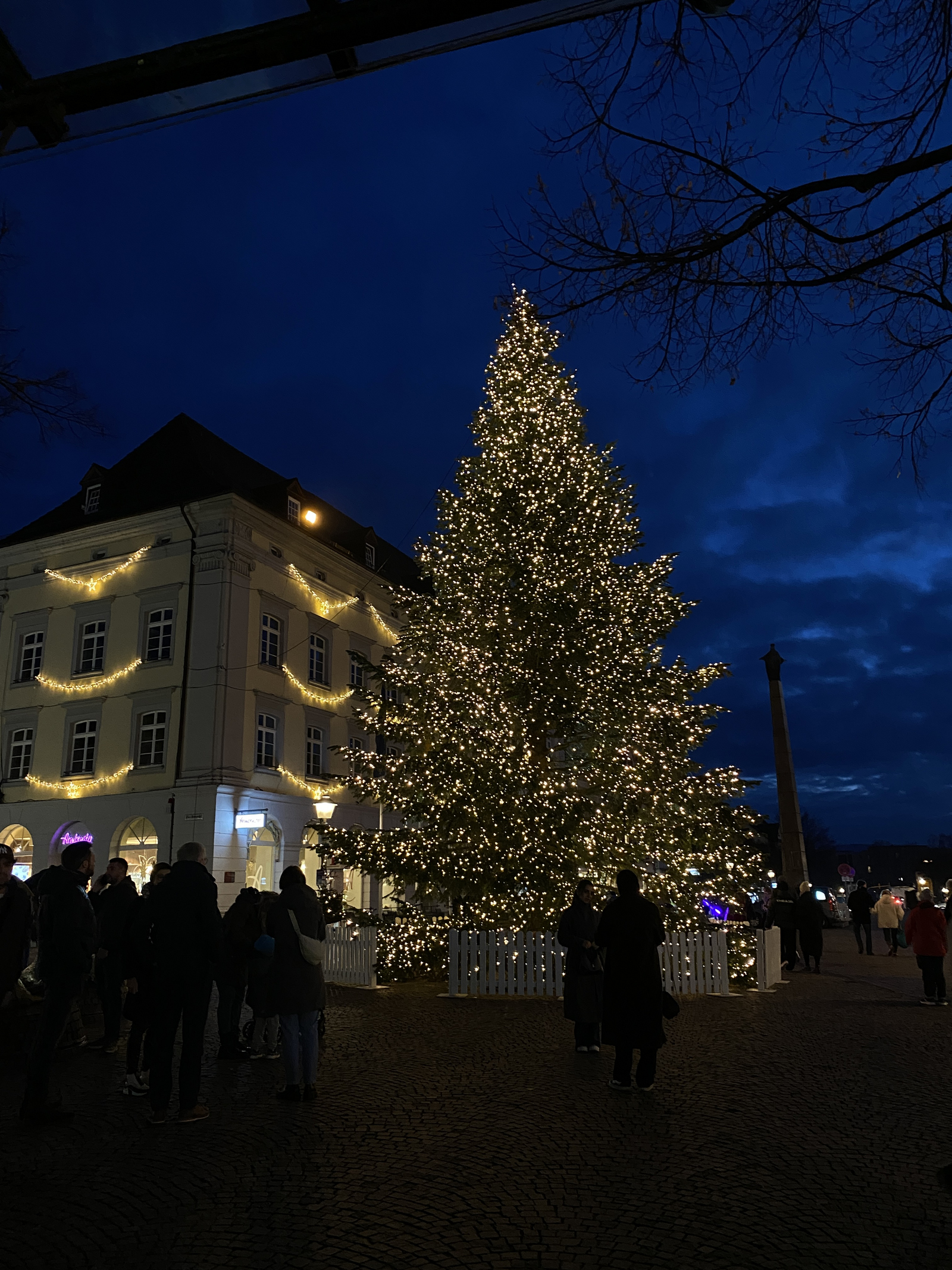 Die Studierendenbotschafter*innen im Dunkeln vor dem Offenburger Weihnachtsbaum