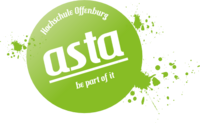 Das Bild zeigt das AStA-Logo, einen grünen Frabklecks mit dem Wort AStA in weißer Schrift darin