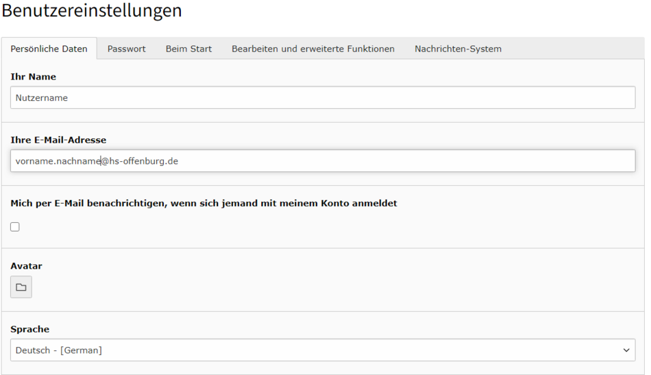 Nutzereinstellungen Formular mit Nutzereinstellungen