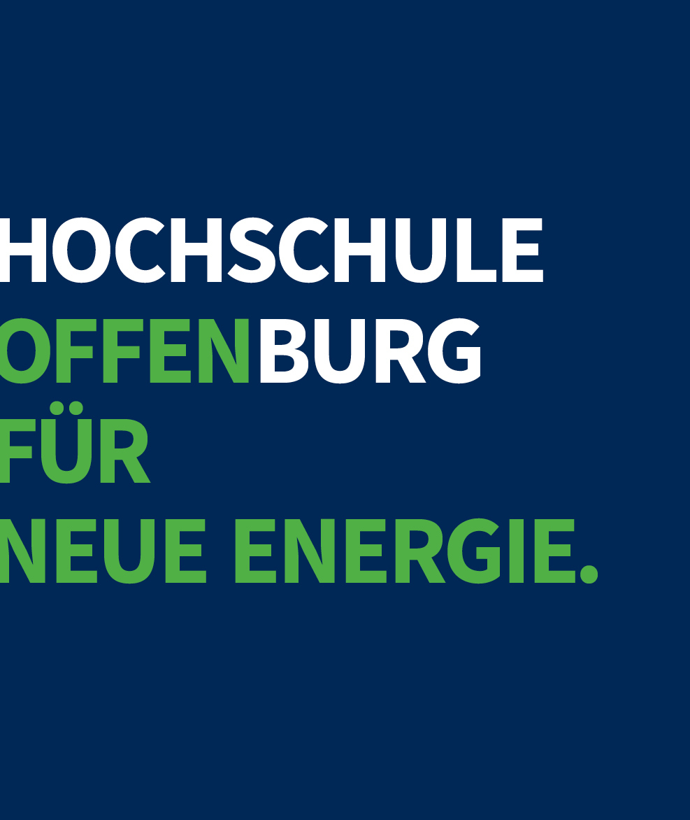 Auf blauem Hintergrund steht Hochschule Offenburg - offen für neue Energie