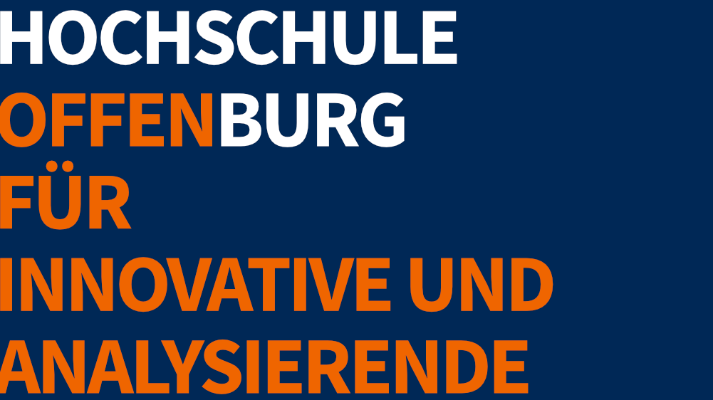 Auf blauem Hintergrund steht Hochschule Offenburg - offen für Innovative und Analysierende