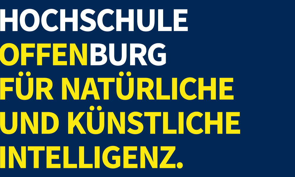 Auf blauem Hintergrund steht der Spruch Hochschule Offenburg - offen für natürliche und künstliche Intelligenz.