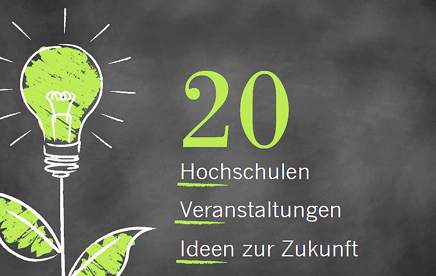 auf grauem Hintergund ist eine Glühbirne, die die Blüte einer Blume bildet, zu sehen. Daneben steht 20 Hochschule, Veranstaltungen, Ideen zur Zukunft