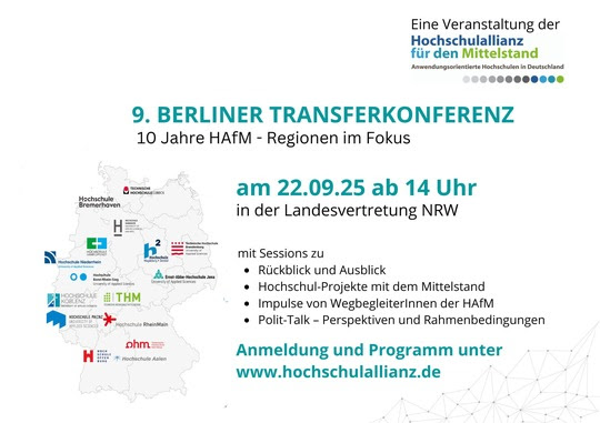 2025-07-29 Web-Meldung Ankündigung Berliner Transferkonferenz der Hochschulallianz für den Mittelstand Plakat zu Berliner Transferkonferenz mit den wesentlichen Informationen und einer Deutschlandkarte mit den beteiligten Hochschulen