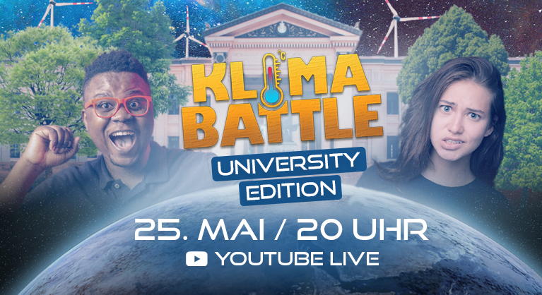 Das Plakat zur Klima-Battle zeigt zwei junge menschen auf der weltkugel und zwischen ihne steht das Wort Klima-Battle bei dem das i ein Thermometer ist.
