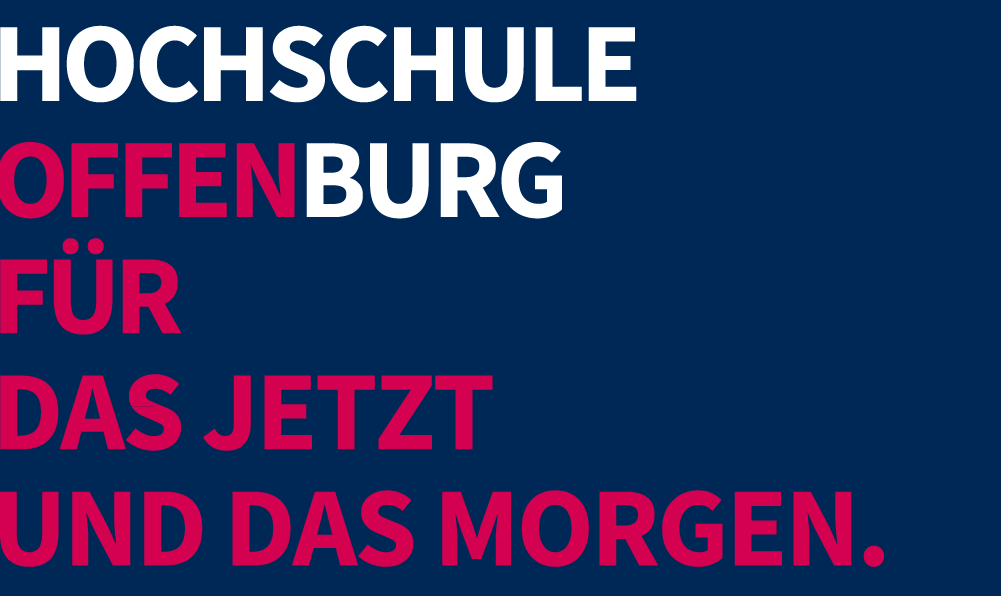 Auf blauem Hintergrund steht Hochschule Offenburg - offen für das jetzt und das morgen